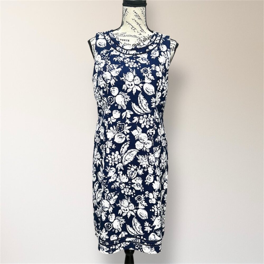 Talbots 8P Navy White Floral Fruit Print Sleeveless Midi Dress‎ Coastal Summer